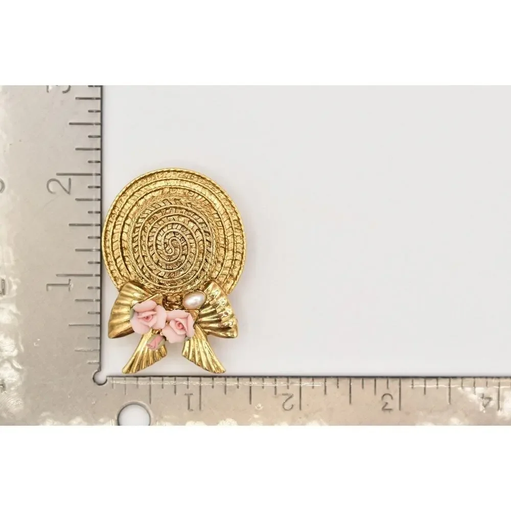 1928 Vintage Sun Hat Brooch Pin Pearl Pink Rose Bow Gold Chunky 1980s BinBK